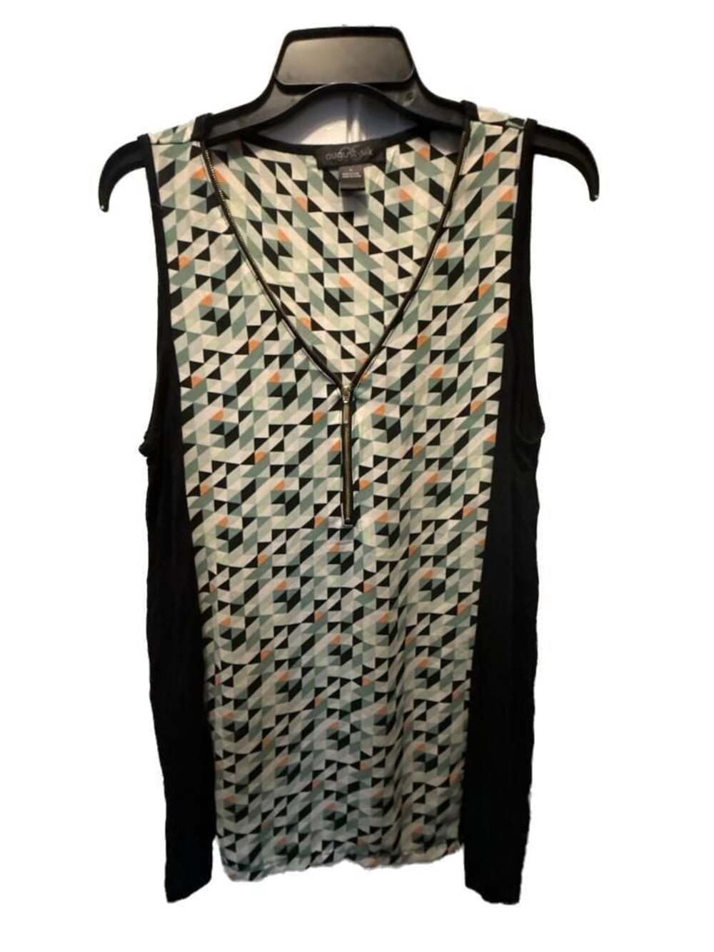August Silk Sleeveless Zipper-Front Blouse with Geometric Triangle Print
